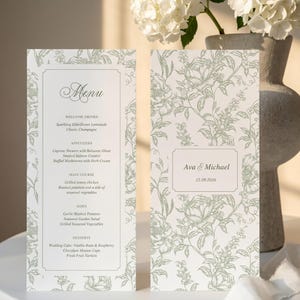 Sage green Wedding Menu Template,  Peony Florals, Editable Canva Reception Card