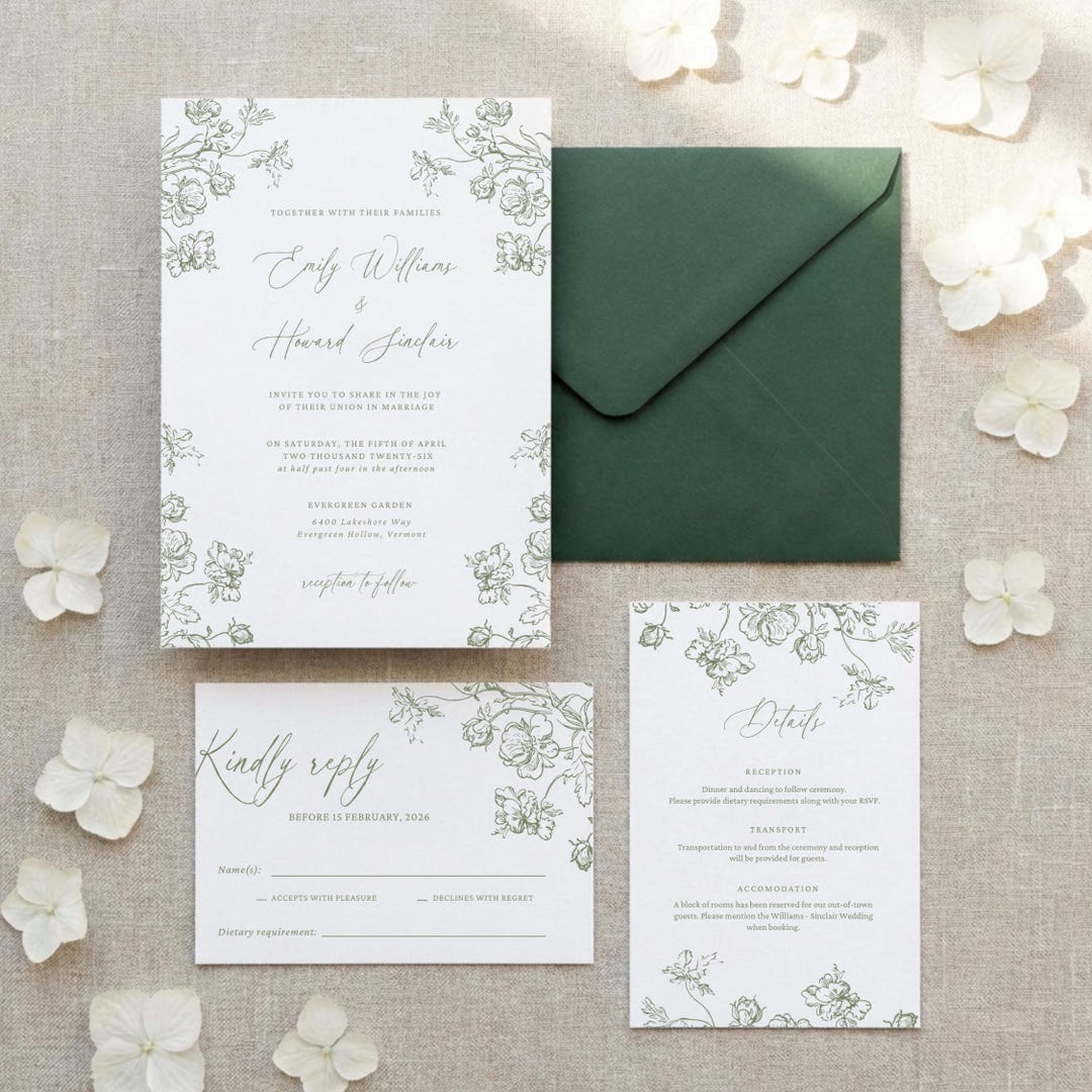 Sage Green Wedding Invitation Suite Template | Floral Design | Editable ...