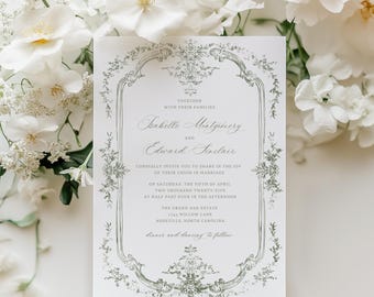 Plantilla de invitación de boda floral vintage – Descarga digital editable en Canva 5×7 – Invitación botánica verde salvia