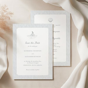 May include: A rectangular Save the Date wedding card featuring a grey and white vertical striped border. The card displays a small sailboat illustration, the text Save the Date for the wedding of Katherine Thompson and Alexander Reynolds.