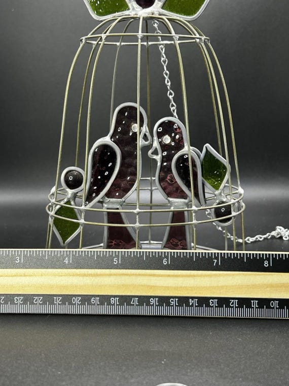 Vintage Adorable Handcrafted 3D Stained Glass Love Birds in Wire
