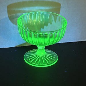 Vintage Hazel Atlas, Green Vertical Ribbon 3.25&quot; Sherbet Glass, Uranium Glass