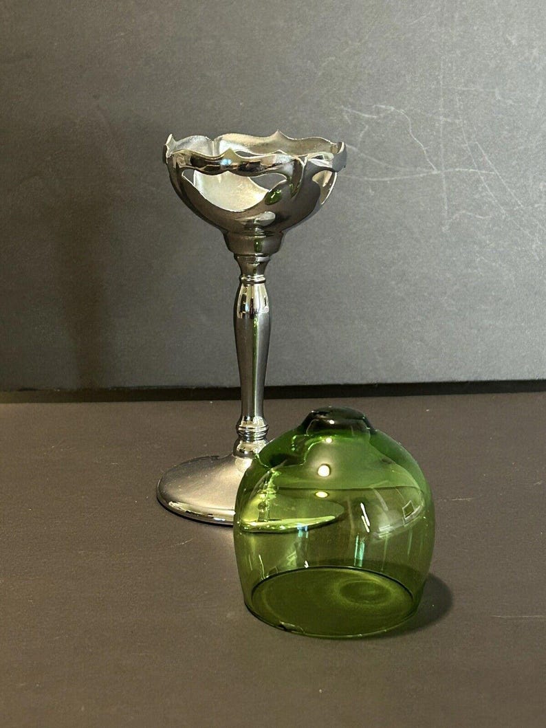 Cambridge Farberware vintage - Cordiales de metal plateado con tallo de vidrio verde imagen 3
