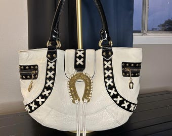 Vintage RARE Betsey Johnson Whipstitch Horse Shoe Gold Bag Cream