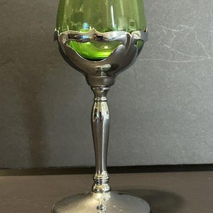 Cambridge Farberware vintage - Cordiales de metal plateado con tallo de vidrio verde imagen 2