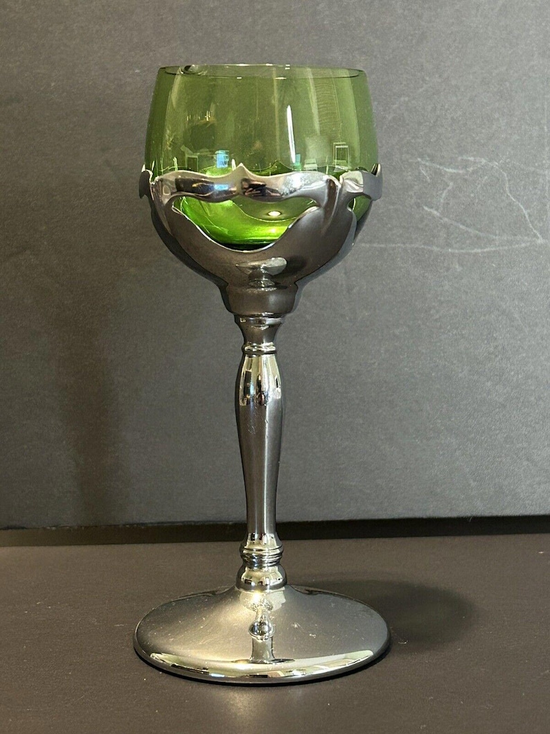Cambridge Farberware vintage - Cordiales de metal plateado con tallo de vidrio verde imagen 2