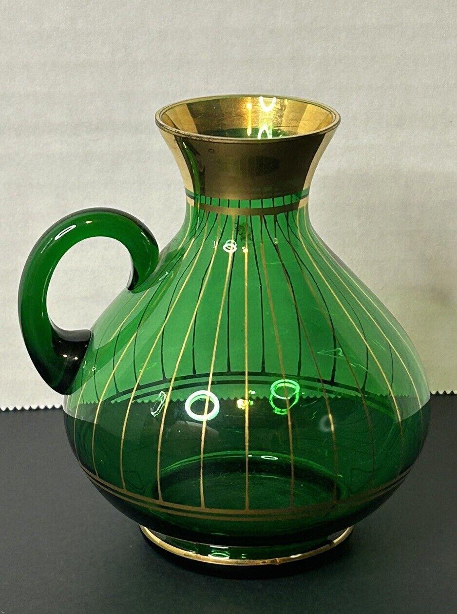 Pichet Et 3 Verres à Cocktail Maritini – Verre Givré Vert Et Or 22 Carats, Vintage