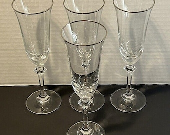 Copas de champán vintage de cristal bávaro real: juego acanalado con borde plateado