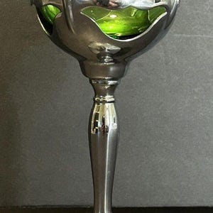 Cambridge Farberware vintage - Cordiales de metal plateado con tallo de vidrio verde imagen 1
