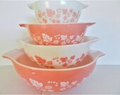 Pink Pyrex Bowl Set, Gooseberry Pyrex Bowl Set, Pink Gooseberry Set, Retro Pyrex Set, Retro Pink Bowls