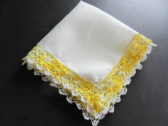 Yellow Crochet Trim Hanky, Crochet Trim, Yellow H… - image 1