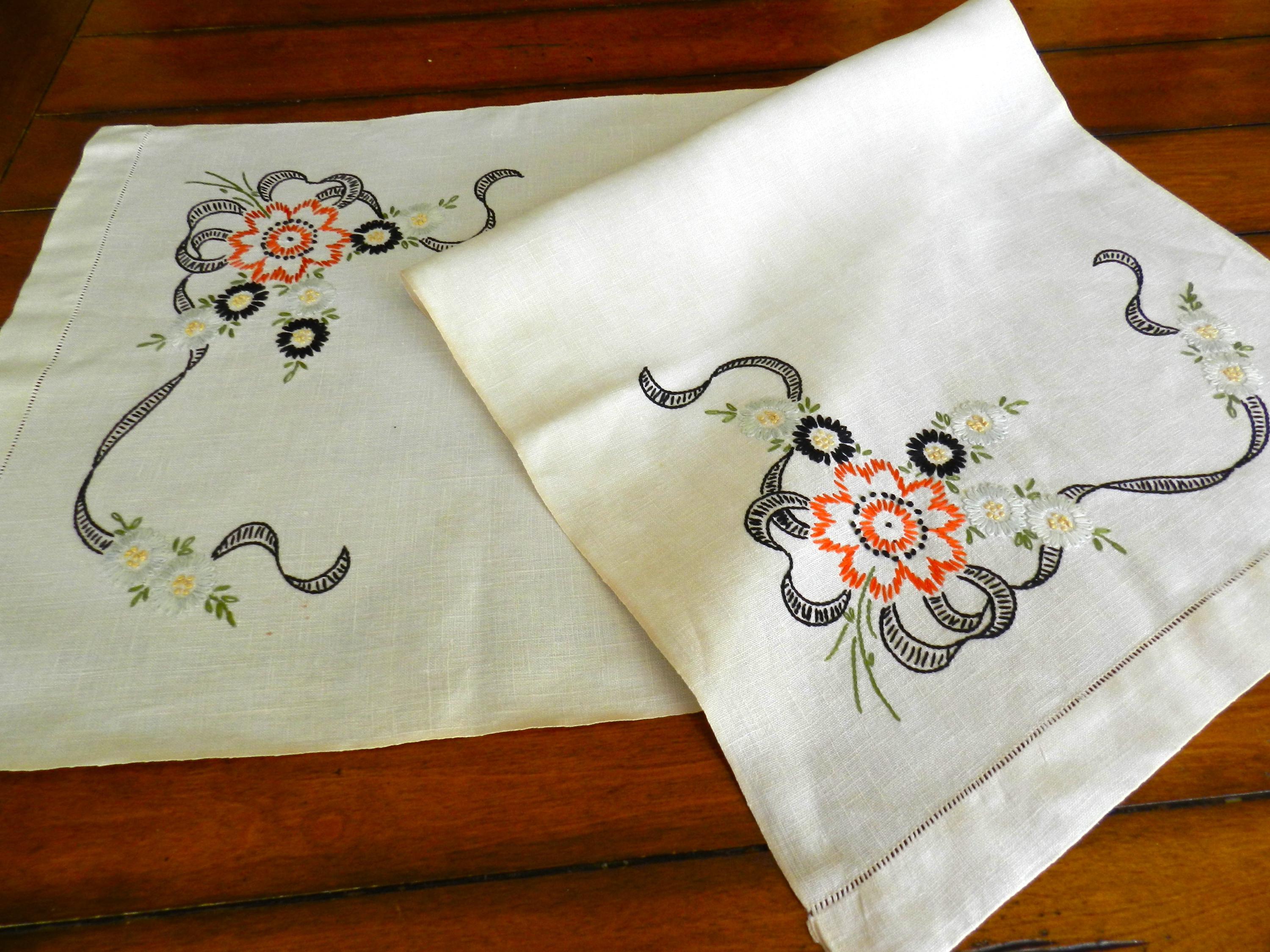 Hand Embroidered Dresser Scarf, Table Runner, Black, Bureau Scarf