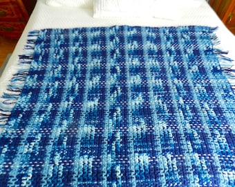 NOS Shades of Blue Afghan, Knitted Throw, Lap Blanket, Blue