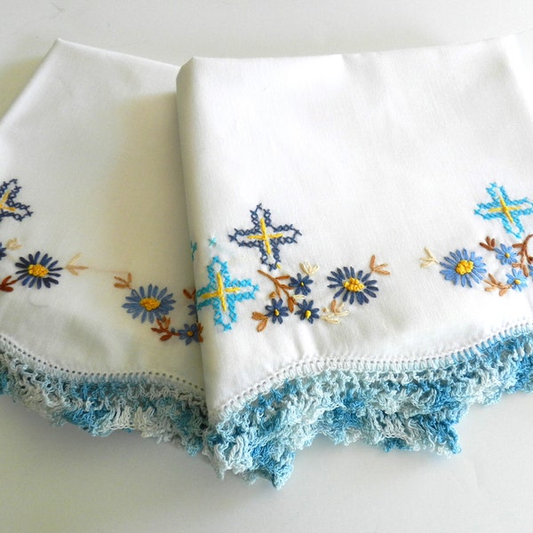 Blue Embroidered Pillowcase, Blue Crochet Trim, White Pillowcase, Blue Trim