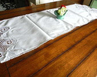 White Crochet Trim Runner, Large Runner, Dresser Scarf, Bureau Scarf,