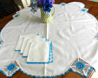 NOS Turquoise Blue Linen Tablecloth Napkins Set, 4 Blue Napkins,  Hand Crocheted, Tablecloth, Retro