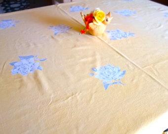 Yellow Tablecloth, Yellow Vintage Tablecloth, 1950s Cotton Tablecloth, Yellow,  Gray Rose Tablecloth