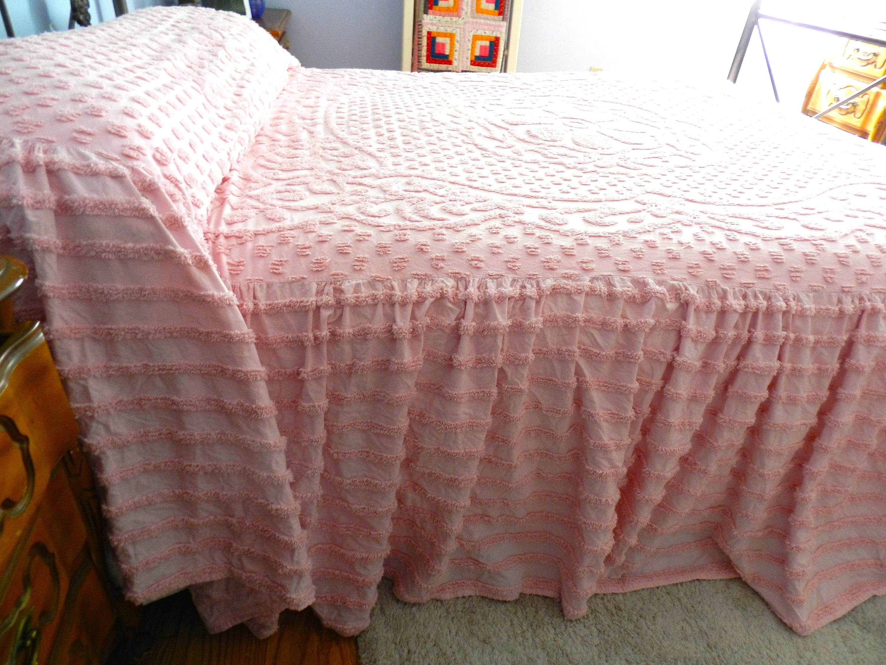 Queen Pink Bedspread Chenille Bedspread Skirted Bedspread 