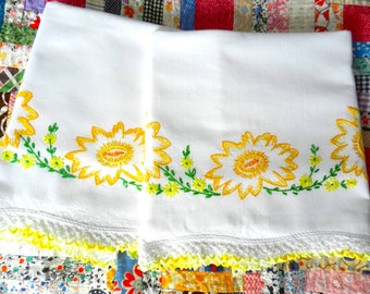 Yellow Crochet Trim Pillowcases, Hand Embroidery, Yellow, Orange