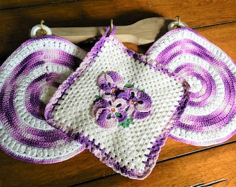 3 NOS Purple Trivet Potholders, Potholder Set, Retro Trivets, Handmade