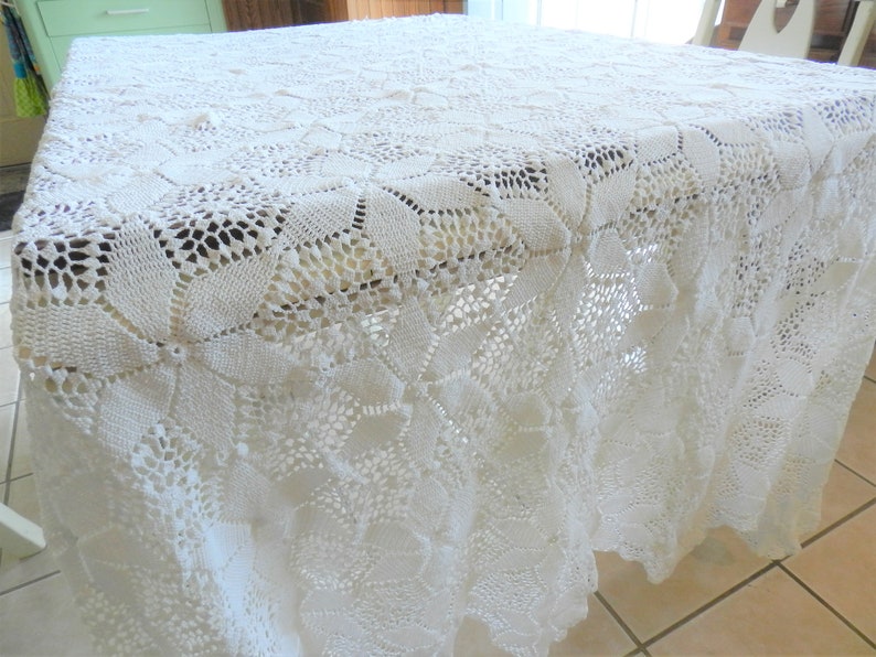 Cottage Decor White Crochet Lace Tablecloth Handmade, White Tablecloth Crochet Tablecloth