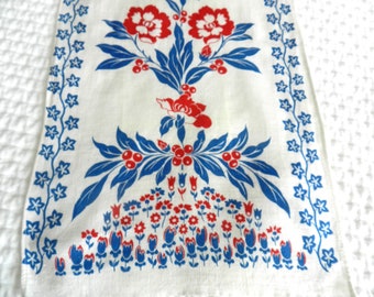 NOS Red Blue Towel, Never Used, 1950s, Berries, Retro Towel, Retro Kitchen