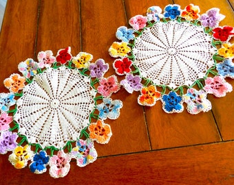 Set of 2 Pansy Doilies, Doily, Pansies, Handmade