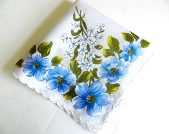 NOS Blue Floral Handkerchief, Something Blue, Wedding Handkerchief