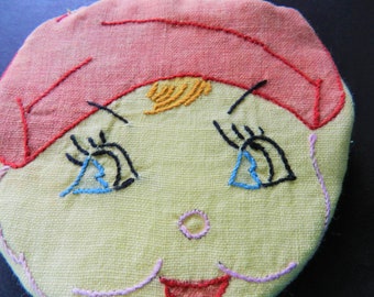 NOS 1930s Face potholder, Tinted, Hand Embroidered