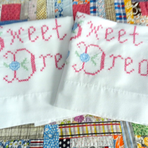 Sweet Dreams Embroidered Pillowcases, Vintage, Pink, Blue, Blend