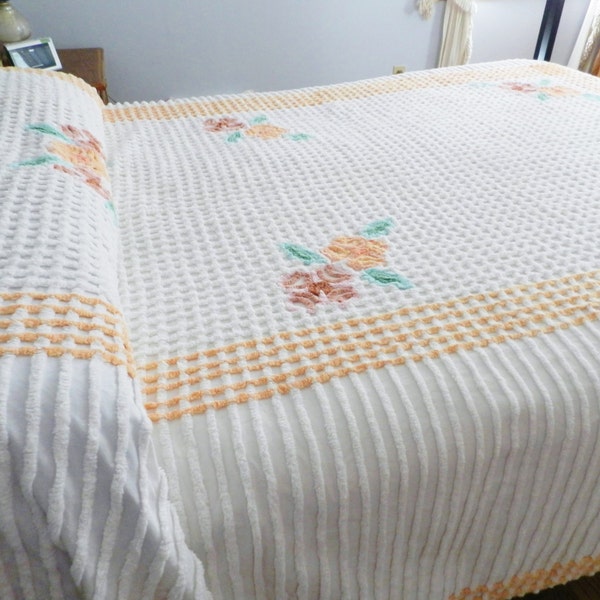 RESERVED FOR ANNETTE Heavy Plush Peach Chenille Bedspread Full, White Chenille Bedspread, orange Bedspread, Queen Bedspread