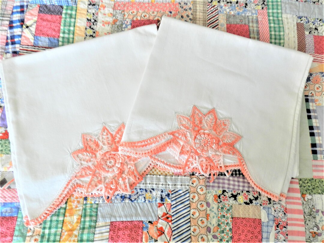 Peach Crocheted Pillowcase, Peach Pillowcases, Crochet Trim, Etsy