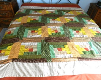 1980s Handmade Quilt, Comforter, Sage Green, Russet, Autumn Quilt