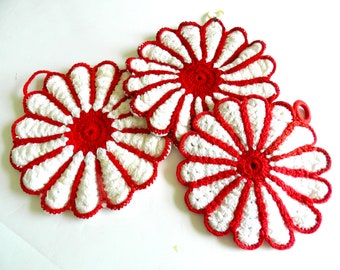 Vintage Potholder Lot, 3 Red Potholders, Hot Pads, Trivets