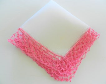 White Hanky, Pink Hairpin Lace Trim, Pink Hanky, Collectible