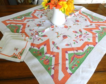 Art Deco Tablecloth Napkin Set, Orange, Green, Table Topper
