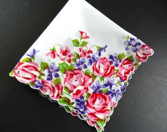 Pink Rose Handkerchief, Purple Violets, Gift, Wedding
