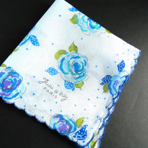 Jean d' Orly Signed Blue Rose handkerchief, Blue Handkerchief, Flower Hankie, Paris Hanky,  FREE USA Shipping