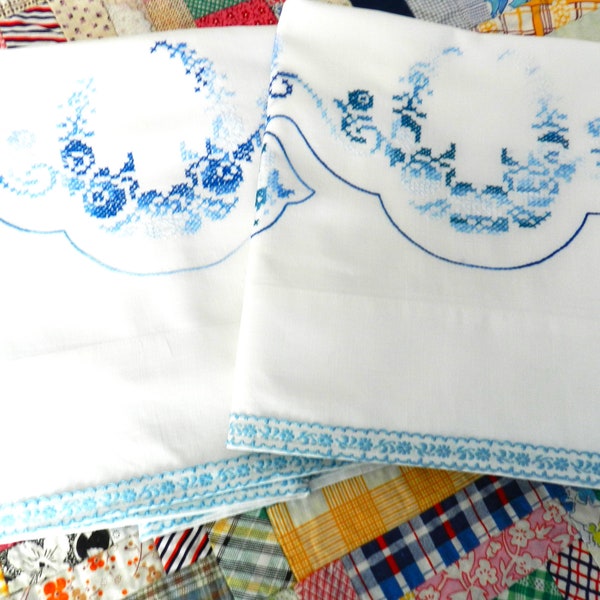 Blue Embroidered Pillowcases, Pillowcases,  Jacquard Ribbon Trim, Embroidery