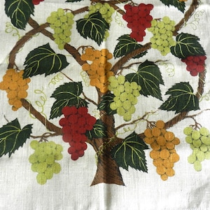 May include: A beige fabric with a printed design of a grape vine. The vine has brown branches, green leaves, and clusters of green, red, and orange grapes. The fabric has a slightly textured appearance.