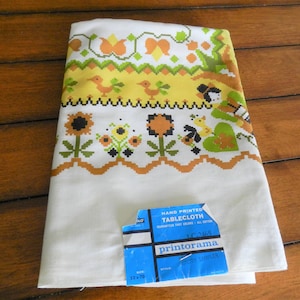 NOS Tablecloth, Printorama Tablecloth, Yellow, Green, Brown, Country Sampler