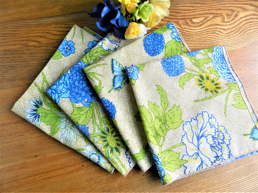 4 Blue Floral Napkins, Butterflies, Green Napkins Etsy