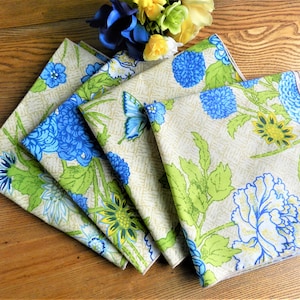 4 Blue Floral Napkins, Butterflies, Green Napkins