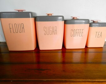 1950s MCM Pink Plastic Canister Set, Pink Gray Canisters, Retro Kitchen, Farmhouse Kitchen