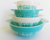 Pyrex Butterprint Bowl Set, 4 pc Pyrex Amish Bowl Set, Turquoise Pyrex Bows, Aqua Pyrex Butterprint Bowls, Pyrex Mixing Bowls
