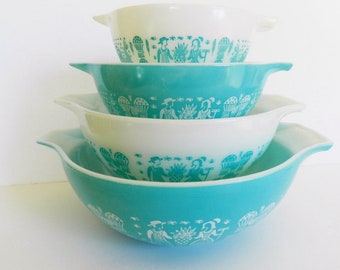 Pyrex Butterprint Bowl Set, 4 pc Pyrex Amish Bowl Set, Turquoise Pyrex Bows, Aqua Pyrex Butterprint Bowls, Pyrex Mixing Bowls