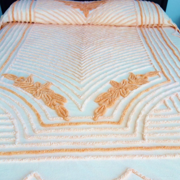 Peach Art Deco Bedspread, Peach Chenille Bedspread, Peach Art Deco Chenille Bedspread,