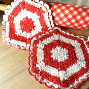 NOS 2 Red Crocheted Potholders, Trivets, Handmade, Vintage