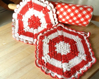NOS 2 Red Crocheted Potholders, Trivets, Handmade, Vintage