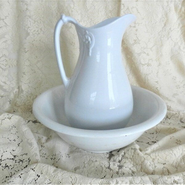 1880s Anthony Shaw Pitcher, Ironstone, Charles Meakin Ironstone Bowl, Bowl and Pitcher, White
